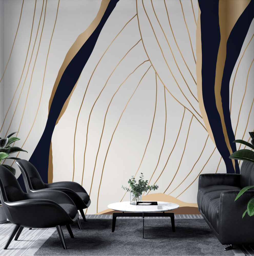 Gold Line Abstract Wallpaper : Navy and Ivory Flow Mural - View 2