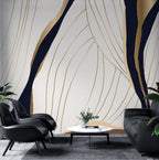 Gold Line Abstract Wallpaper : Navy and Ivory Flow Mural - View 2