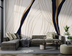 Gold Line Abstract Wallpaper : Navy and Ivory Flow Mural - View 3