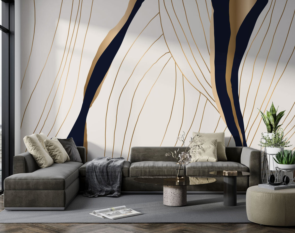Gold Line Abstract Wallpaper : Navy and Ivory Flow Mural - View 3