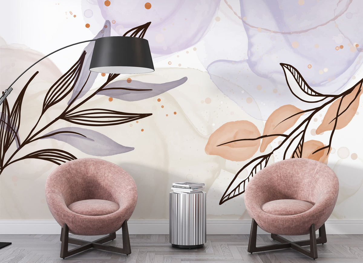 Watercolor Leaf Sketch Wallpaper : Lavender and Blush Botanical Mural