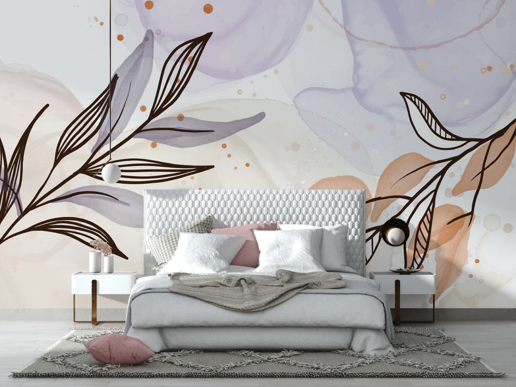 Watercolor Leaf Sketch Wallpaper : Lavender and Blush Botanical Mural - View 3