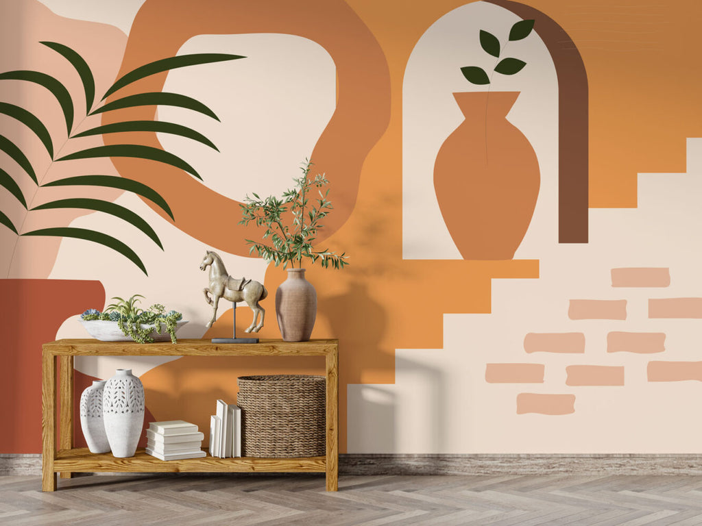 Terracotta Arch Vase Wallpaper : Boho Steps and Palm Mural