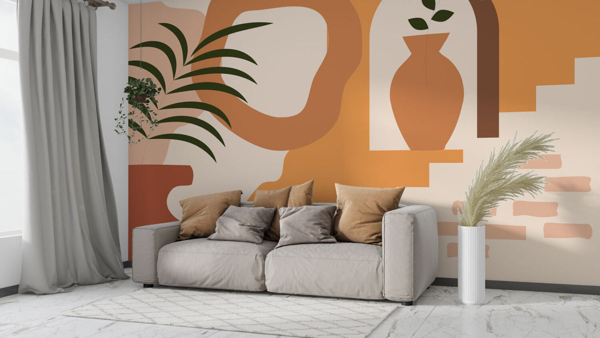 Terracotta Arch Vase Wallpaper : Boho Steps and Palm Mural - View 3