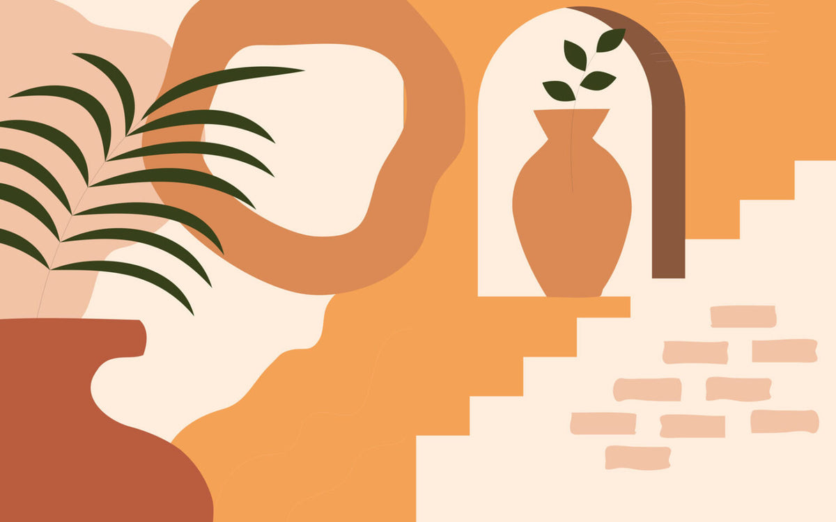 Terracotta Arch Vase Wallpaper : Boho Steps and Palm Mural - flat design