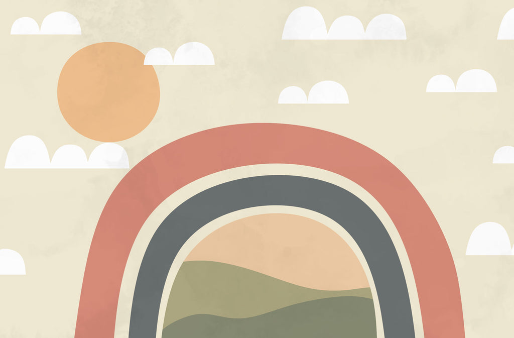 Rainbow Landscape Wallpaper : Sun and Clouds View Mural - flat design