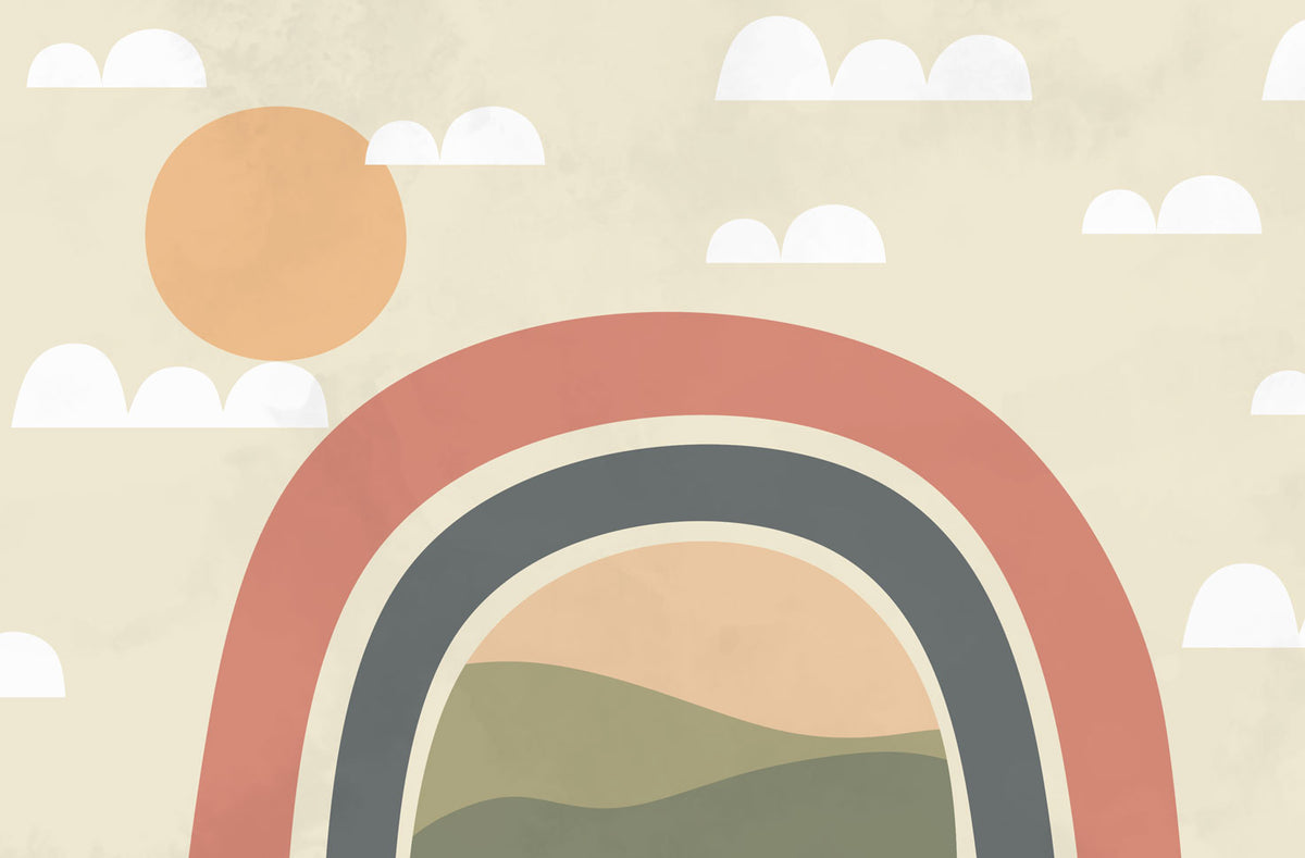 Rainbow Landscape Wallpaper : Sun and Clouds View Mural - flat design