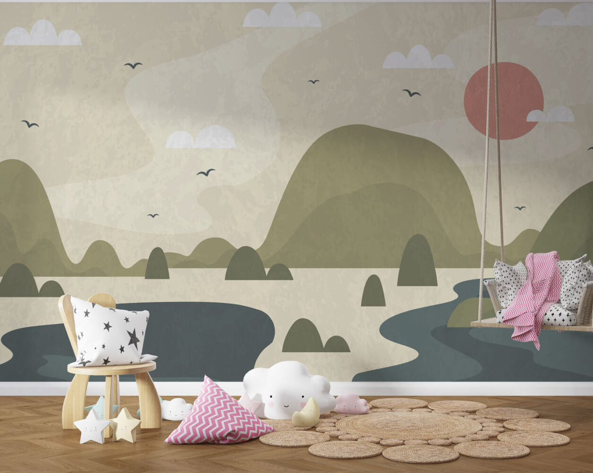 Sage Mountain Lake Wallpaper : Calm Kids Landscape Mural - View 2