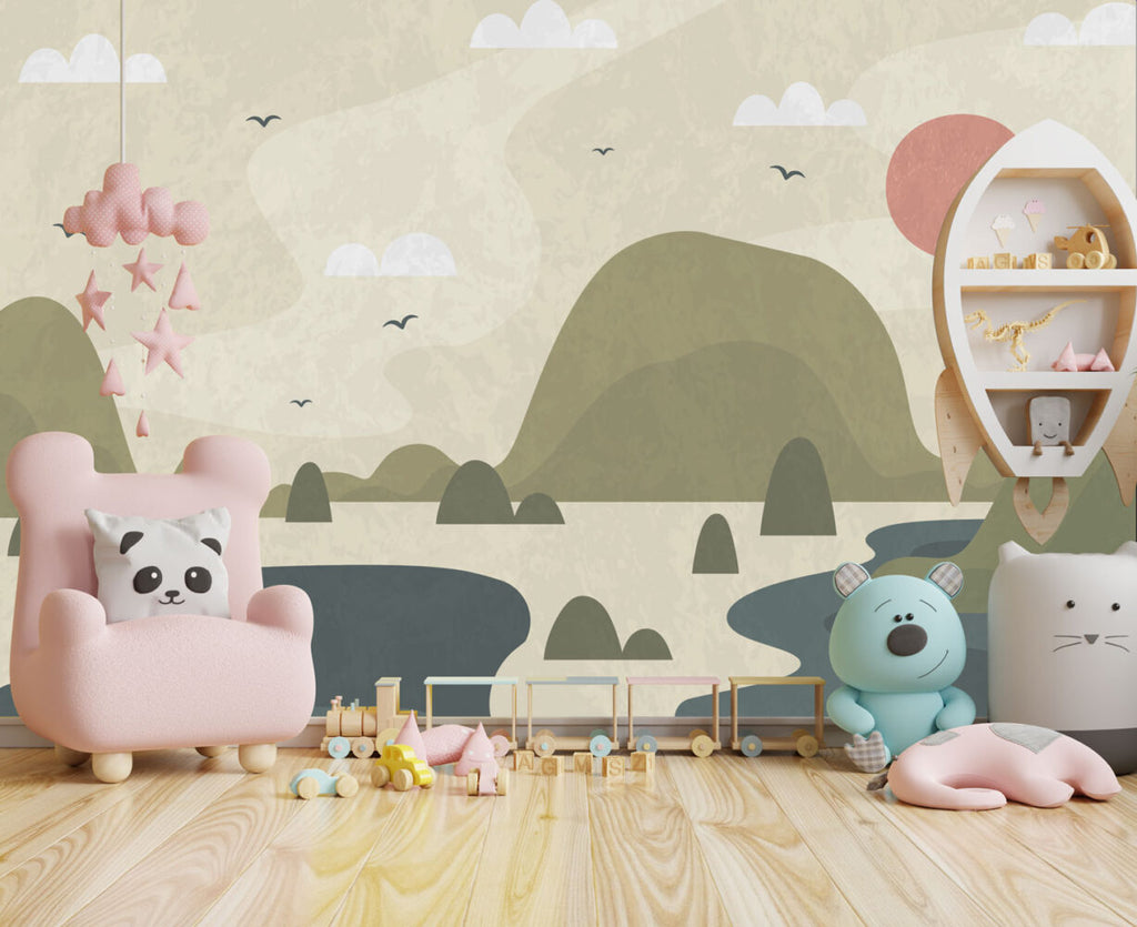 Sage Mountain Lake Wallpaper : Calm Kids Landscape Mural