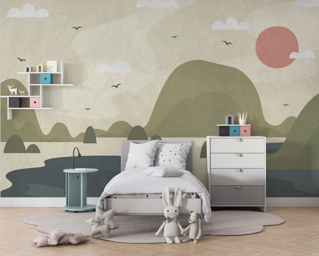 Sage Mountain Lake Wallpaper : Calm Kids Landscape Mural - View 3