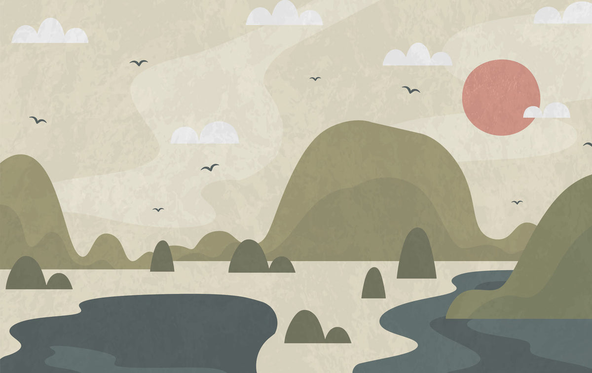 Sage Mountain Lake Wallpaper : Calm Kids Landscape Mural - flat design