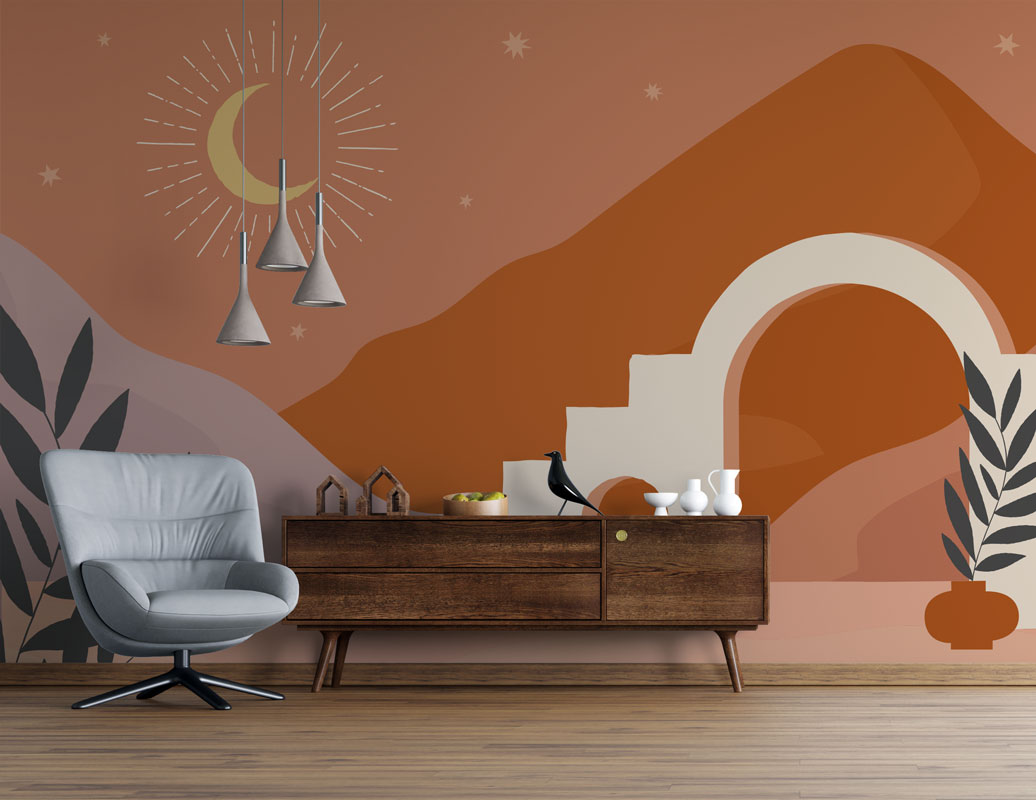 Boho Moon Arch Wallpaper : Terracotta Mountain Stairs Mural - View 3