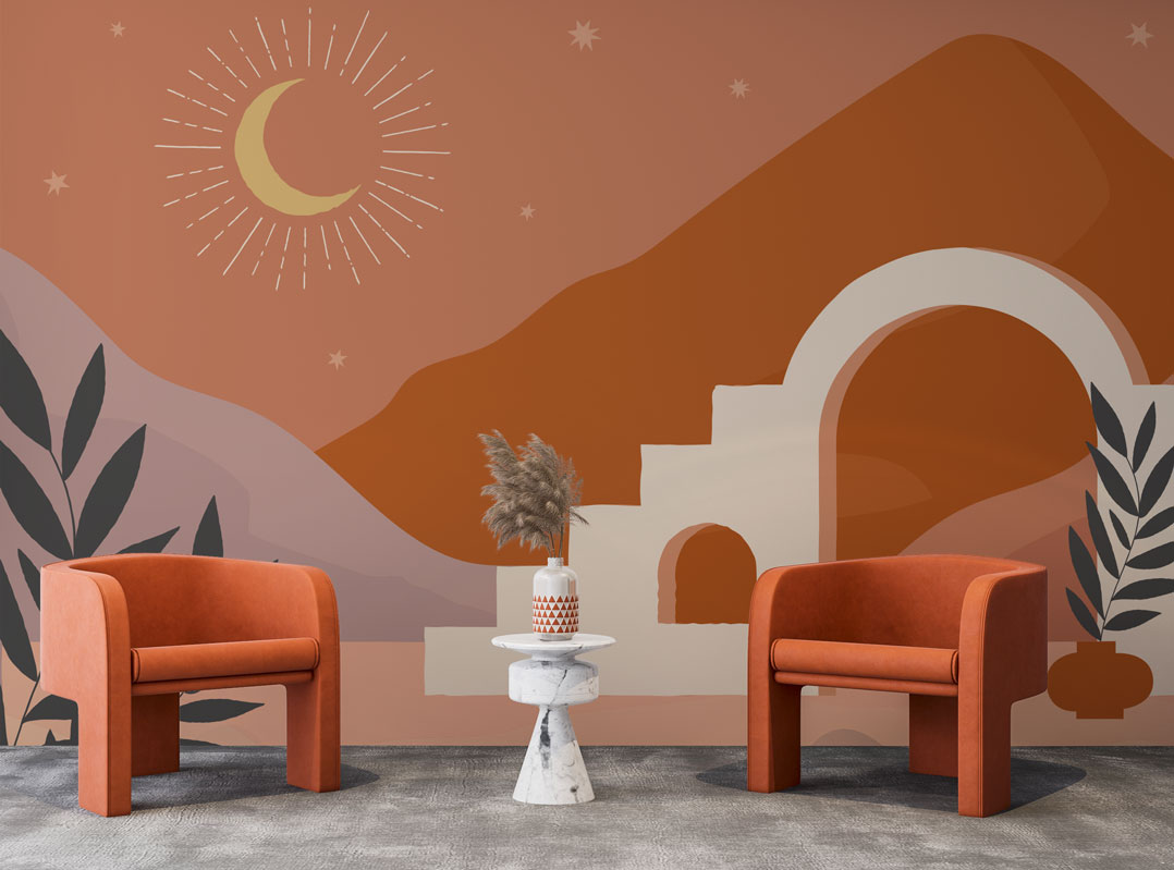 Boho Moon Arch Wallpaper : Terracotta Mountain Stairs Mural - View 2