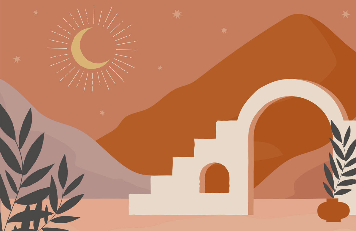 Boho Moon Arch Wallpaper : Terracotta Mountain Stairs Mural - flat design
