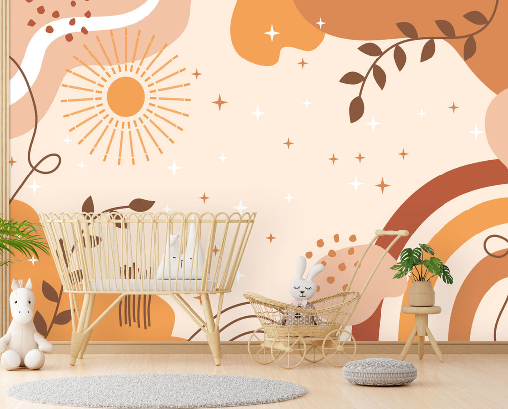 Boho Sun and Rainbow Wallpaper : Peach Sky Teen Room Mural - View 2