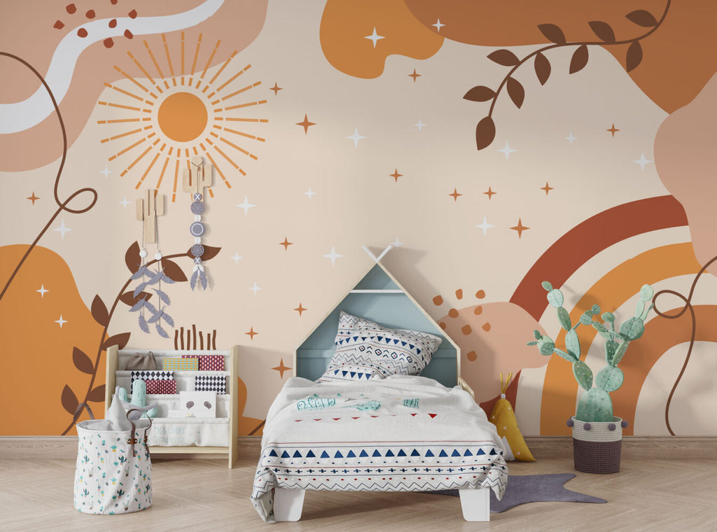 Boho Sun and Rainbow Wallpaper : Peach Sky Teen Room Mural - View 3
