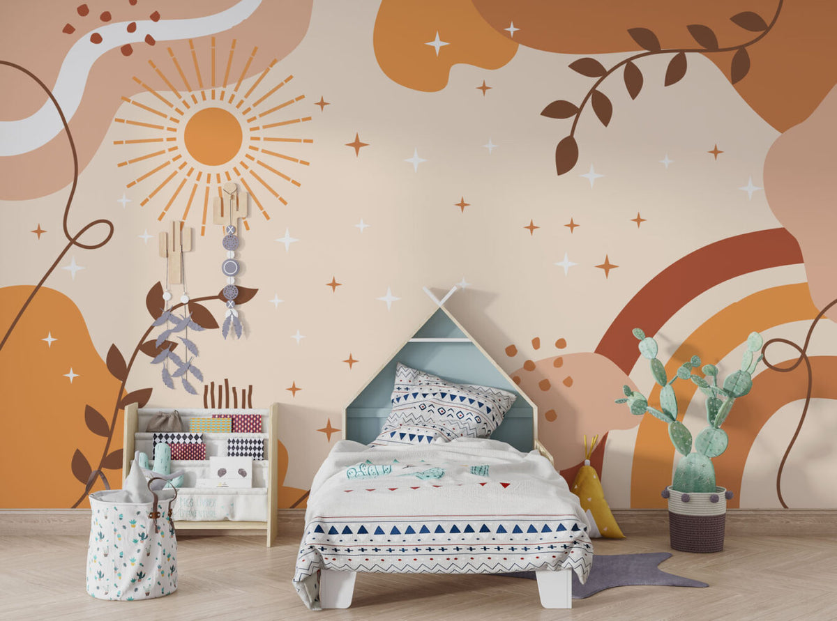 Boho Sun and Rainbow Wallpaper : Peach Sky Teen Room Mural - View 3