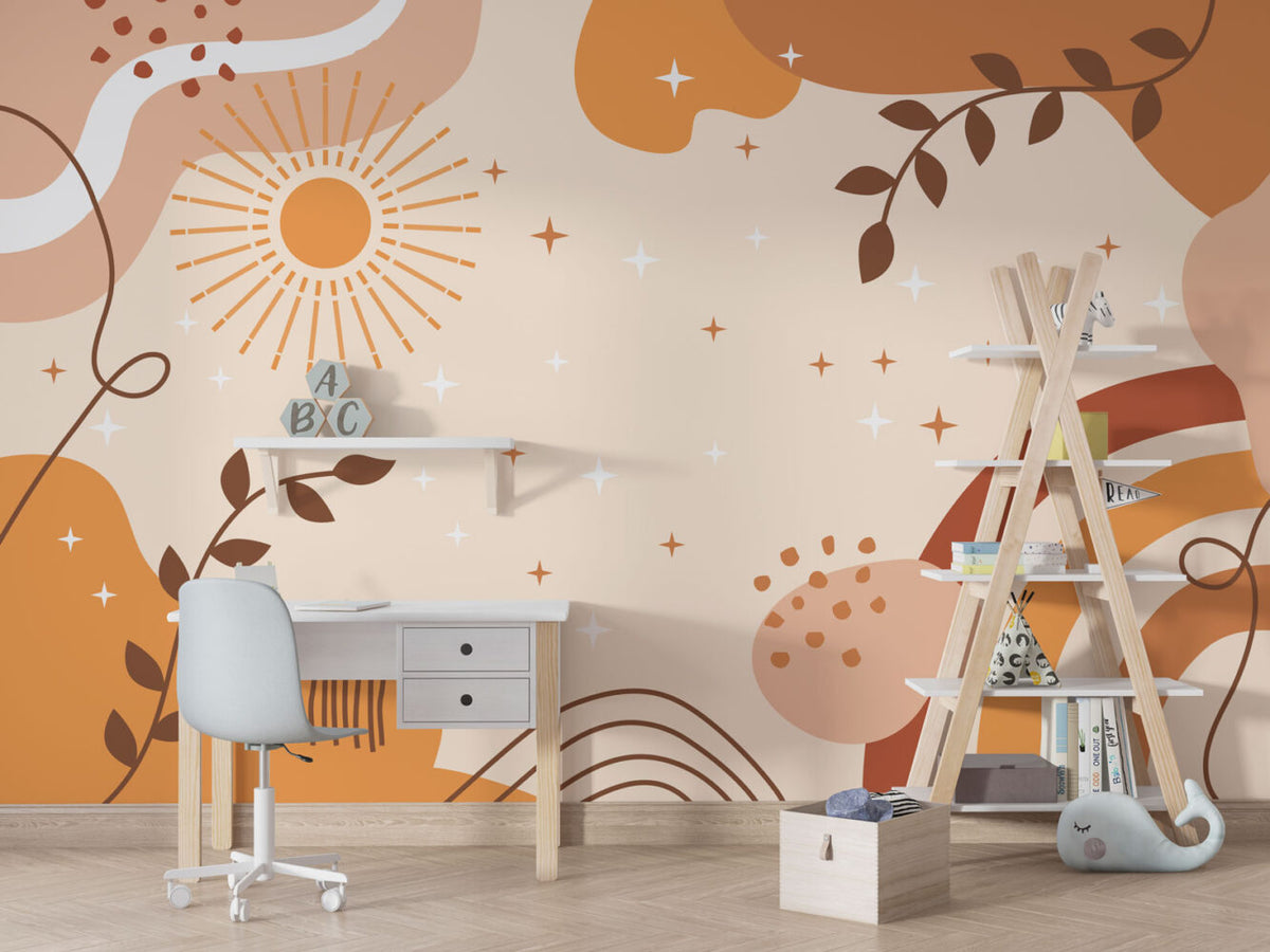 Boho Sun and Rainbow Wallpaper : Peach Sky Teen Room Mural