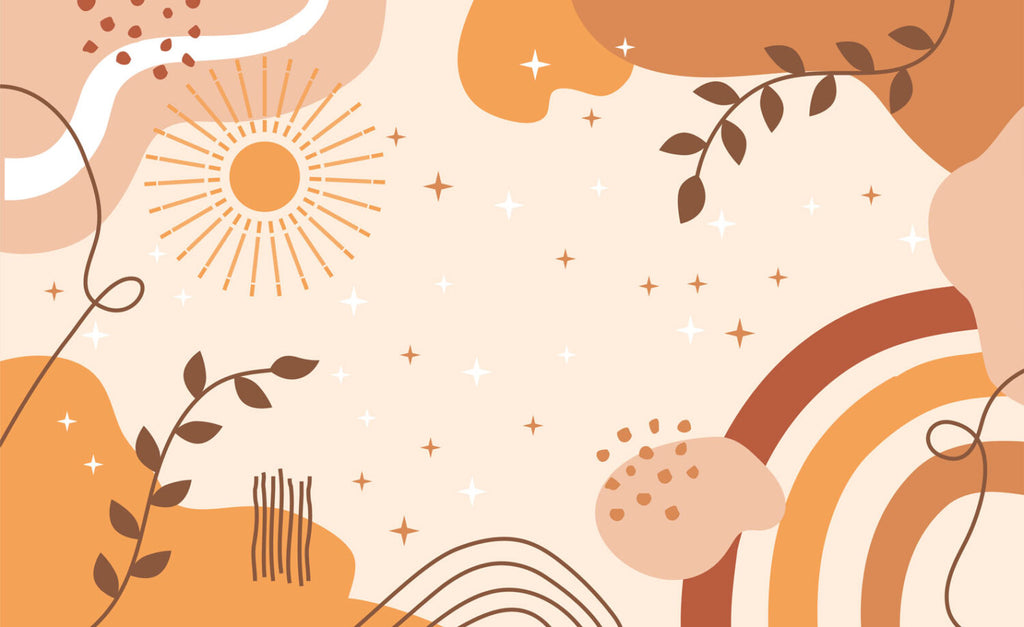 Boho Sun and Rainbow Wallpaper : Peach Sky Teen Room Mural - flat design