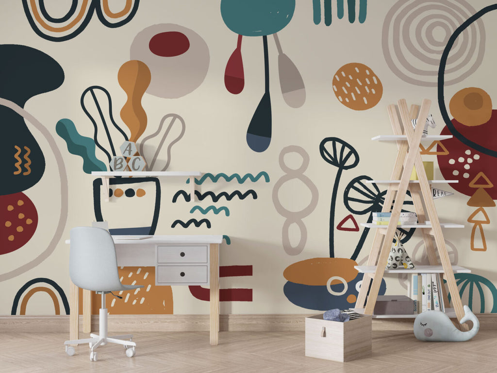 Abstract Botanical Doodle Wallpaper : Teal and Rust Shapes Mural - View 2