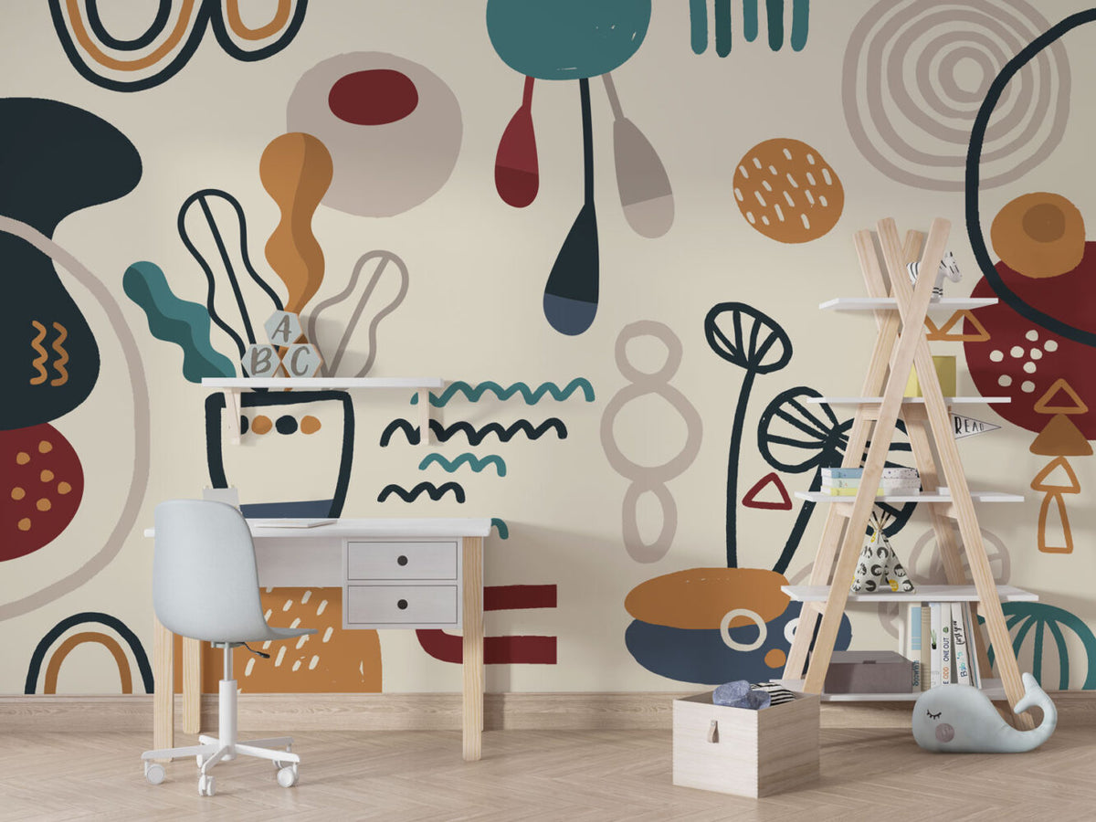 Abstract Botanical Doodle Wallpaper : Teal and Rust Shapes Mural - View 2