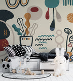 Abstract Botanical Doodle Wallpaper : Teal and Rust Shapes Mural - View 3