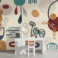 Abstract Botanical Doodle Wallpaper : Teal and Rust Shapes Mural
