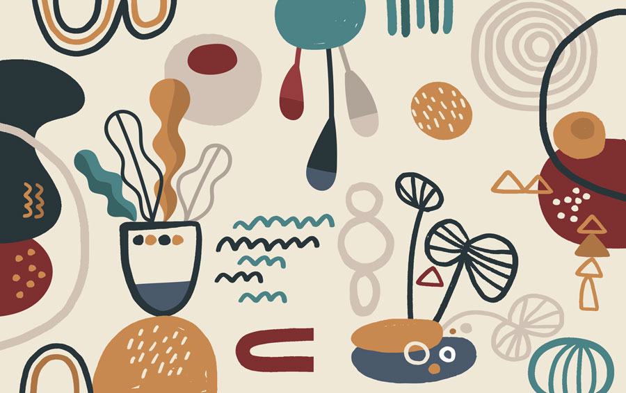 Abstract Botanical Doodle Wallpaper : Teal and Rust Shapes Mural - flat design