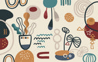 Abstract Botanical Doodle Wallpaper : Teal and Rust Shapes Mural - flat design