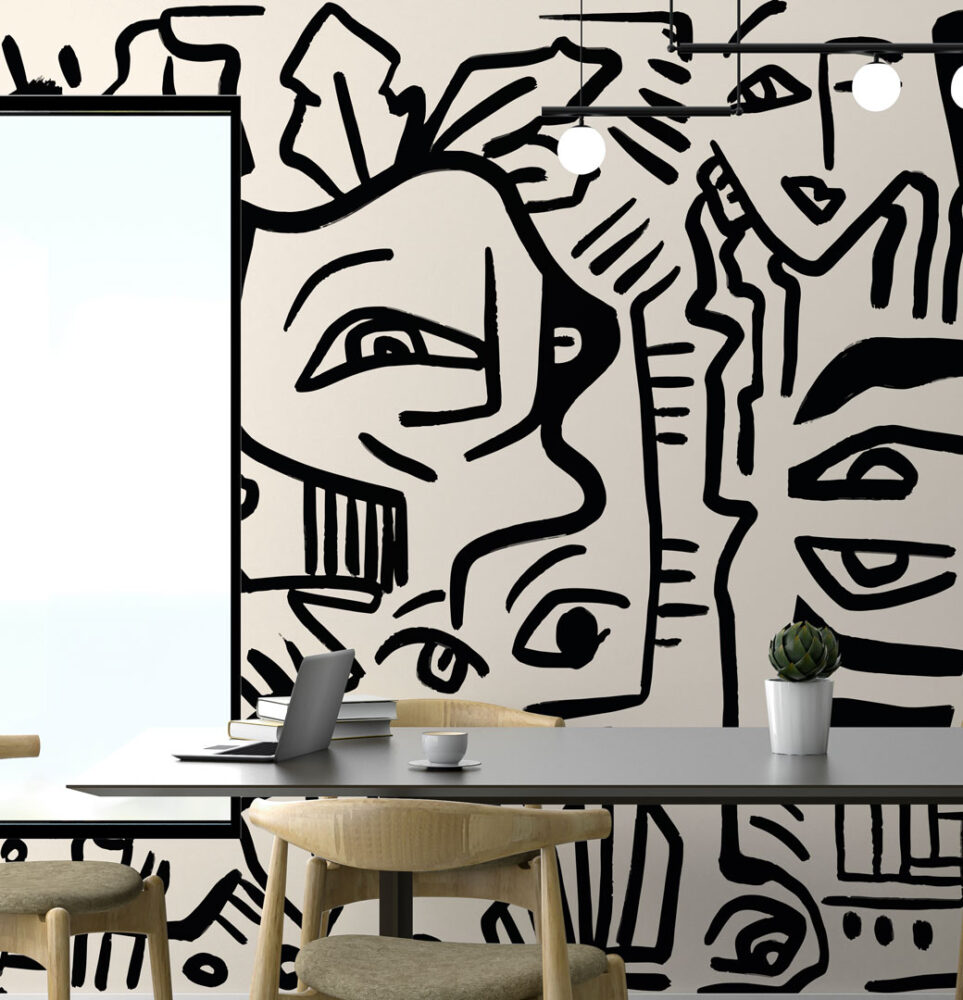 Black Doodle Faces Wallpaper : Graphic Line Art Mural