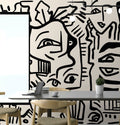 Black Doodle Faces Wallpaper : Graphic Line Art Mural