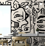 Black Doodle Faces Wallpaper : Graphic Line Art Mural
