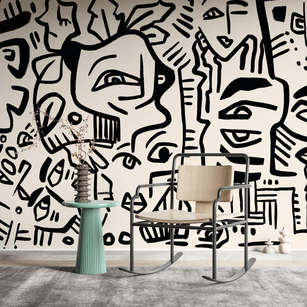 Black Doodle Faces Wallpaper : Graphic Line Art Mural - View 2