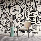 Black Doodle Faces Wallpaper : Graphic Line Art Mural - View 2