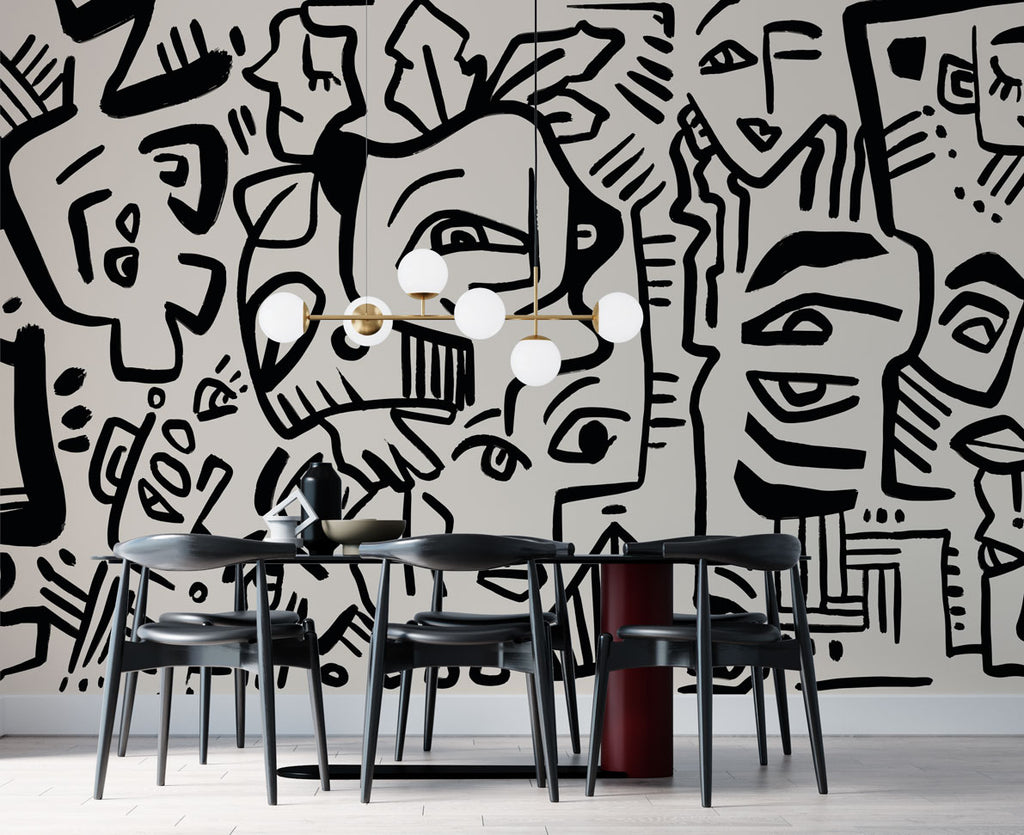 Black Doodle Faces Wallpaper : Graphic Line Art Mural - View 3