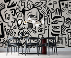 Black Doodle Faces Wallpaper : Graphic Line Art Mural - View 3