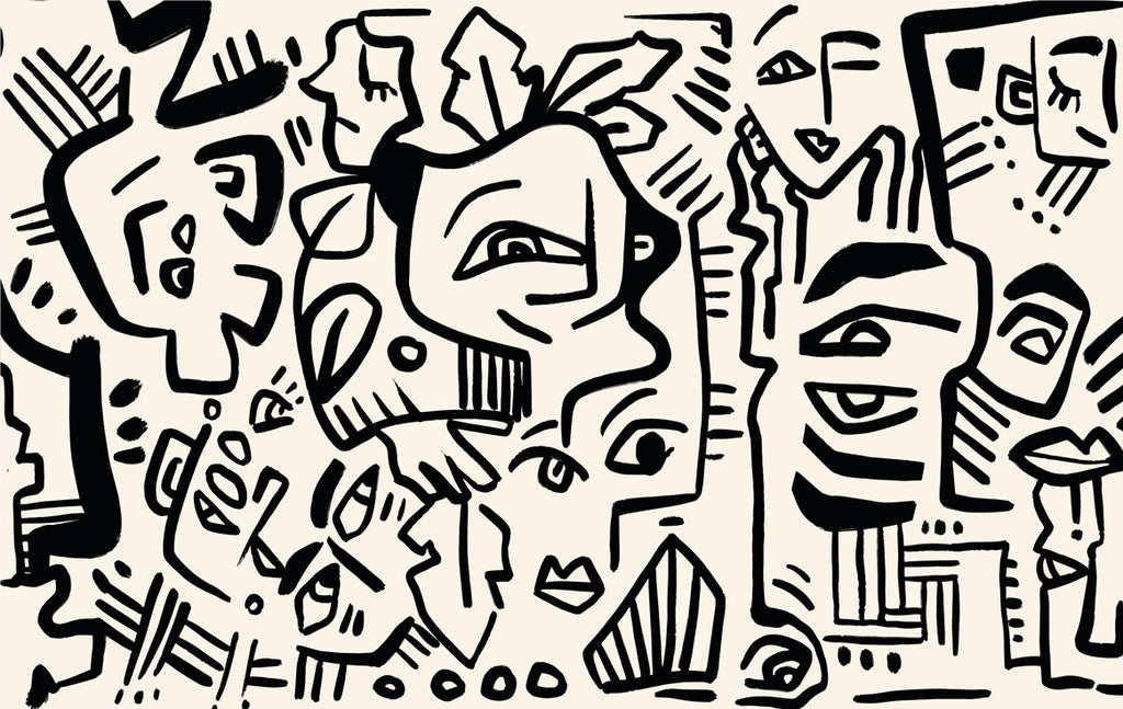 Black Doodle Faces Wallpaper : Graphic Line Art Mural - flat design