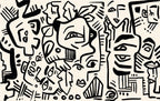 Black Doodle Faces Wallpaper : Graphic Line Art Mural - flat design