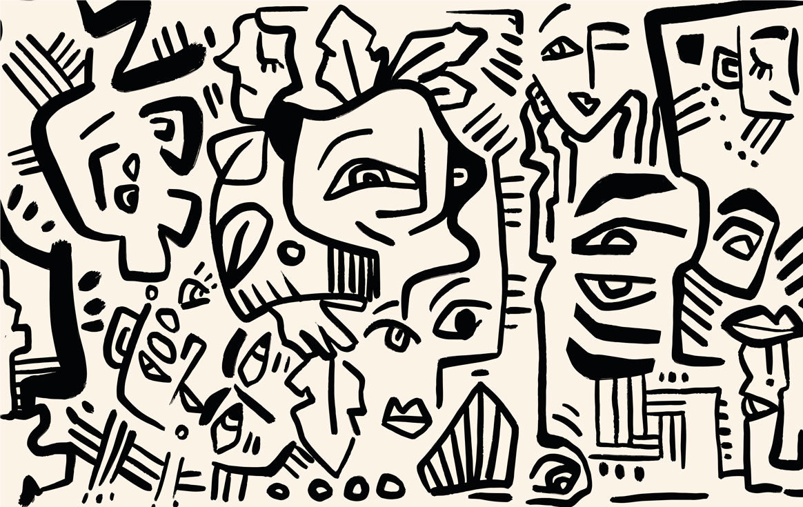 Black Doodle Faces Wallpaper : Graphic Line Art Mural - flat design