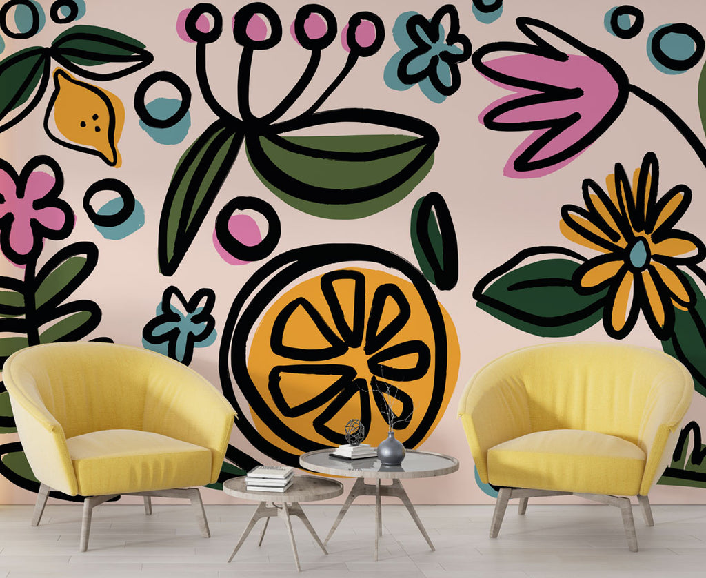 Orange Slice Floral Wallpaper : Bright Folk Flowers Mural - View 2