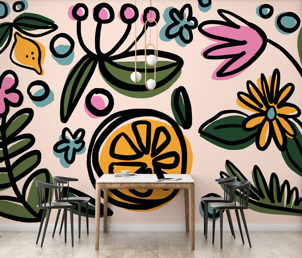 Orange Slice Floral Wallpaper : Bright Folk Flowers Mural - View 3