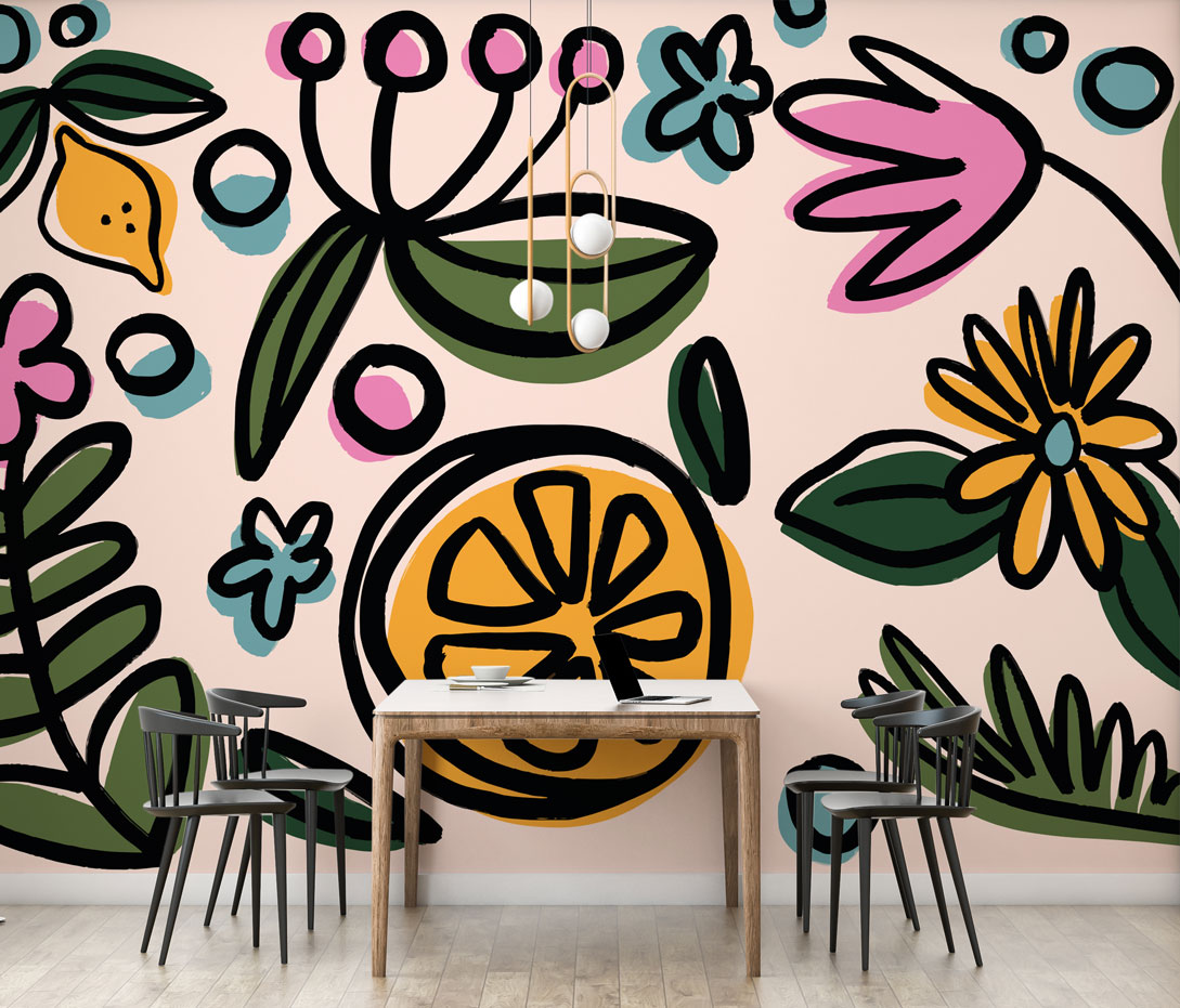 Orange Slice Floral Wallpaper : Bright Folk Flowers Mural - View 3