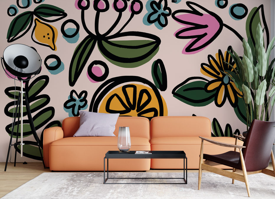 Orange Slice Floral Wallpaper : Bright Folk Flowers Mural
