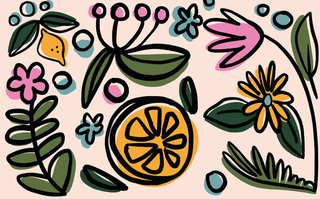 Orange Slice Floral Wallpaper : Bright Folk Flowers Mural - flat design