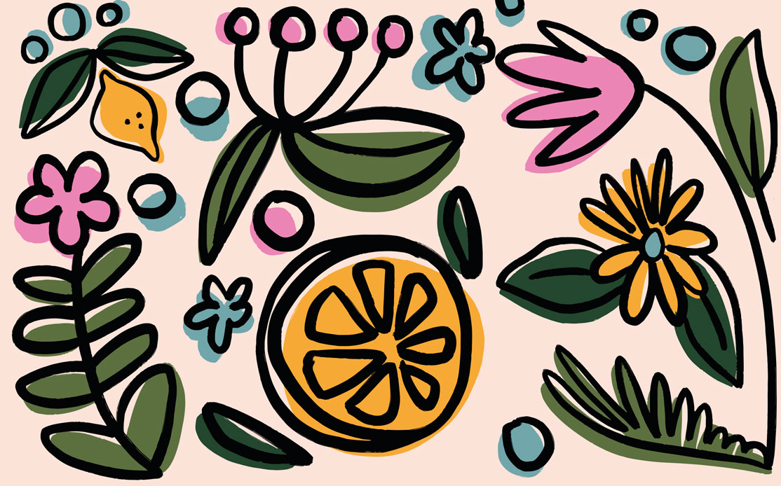 Orange Slice Floral Wallpaper : Bright Folk Flowers Mural - flat design