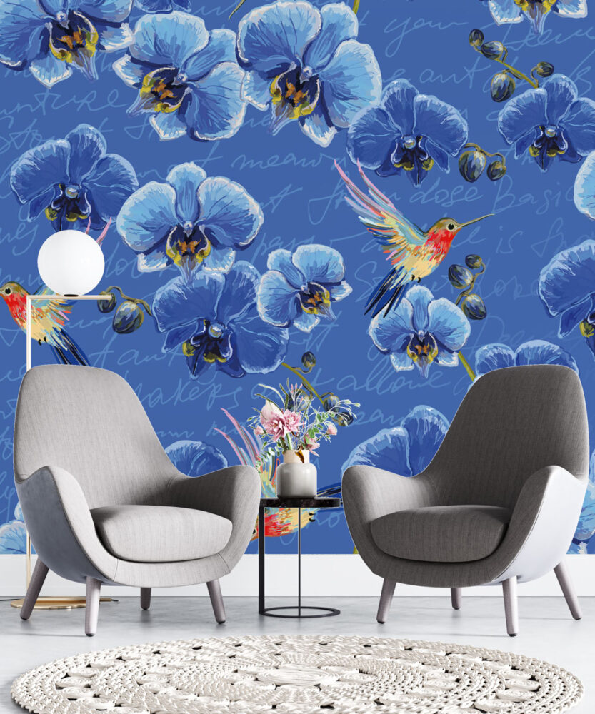 Blue Orchid Hummingbird Wallpaper : Script and Flowers Pattern - View 2