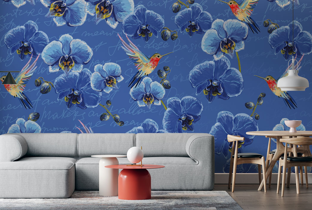 Blue Orchid Hummingbird Wallpaper : Script and Flowers Pattern
