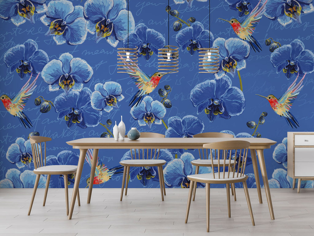 Blue Orchid Hummingbird Wallpaper : Script and Flowers Pattern - View 3