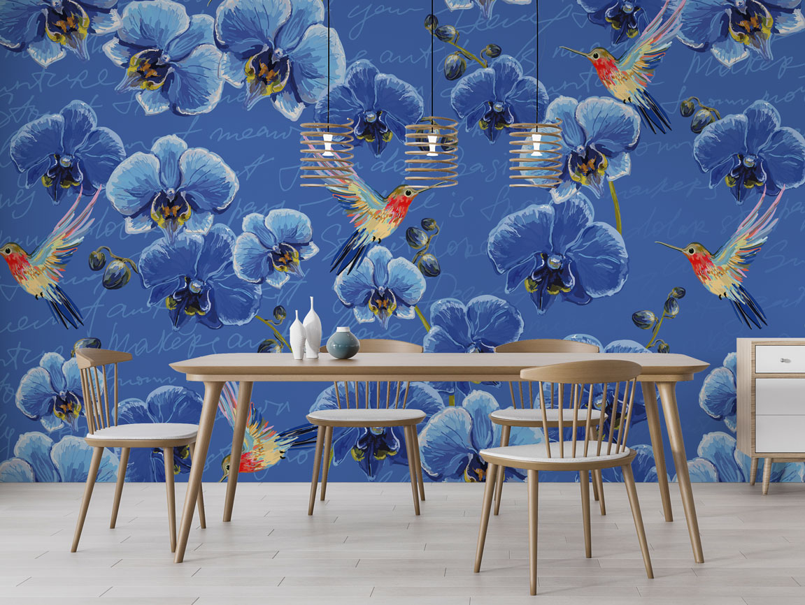 Blue Orchid Hummingbird Wallpaper : Script and Flowers Pattern - View 3