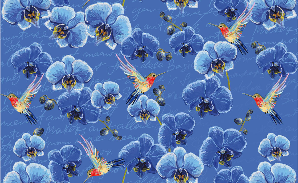 Blue Orchid Hummingbird Wallpaper : Script and Flowers Pattern - flat design